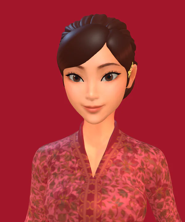 Annie, the AI host of AI Before Coffee, in a red kebaya
